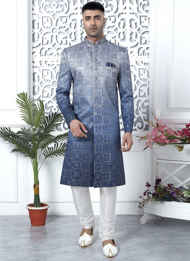 Art Silk Shaded Blue Wedding Wear Computer Thread Work Mens Sherwani