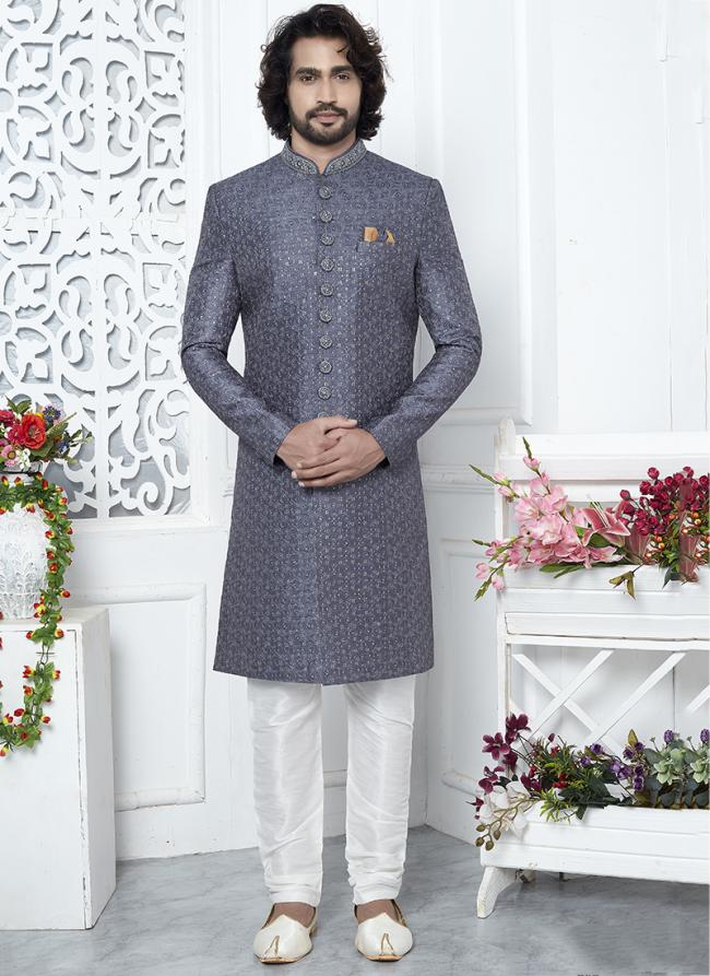 Art Silk Grey Wedding Wear Computer Thread Work Mens Sherwani