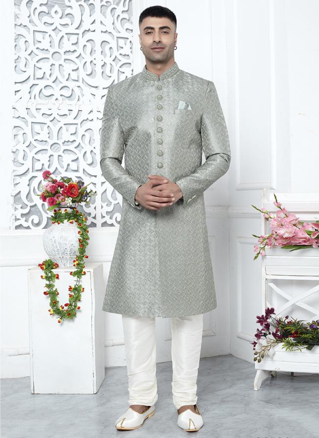 Art Silk Pista Green Wedding Wear Computer Thread Work Mens Sherwani