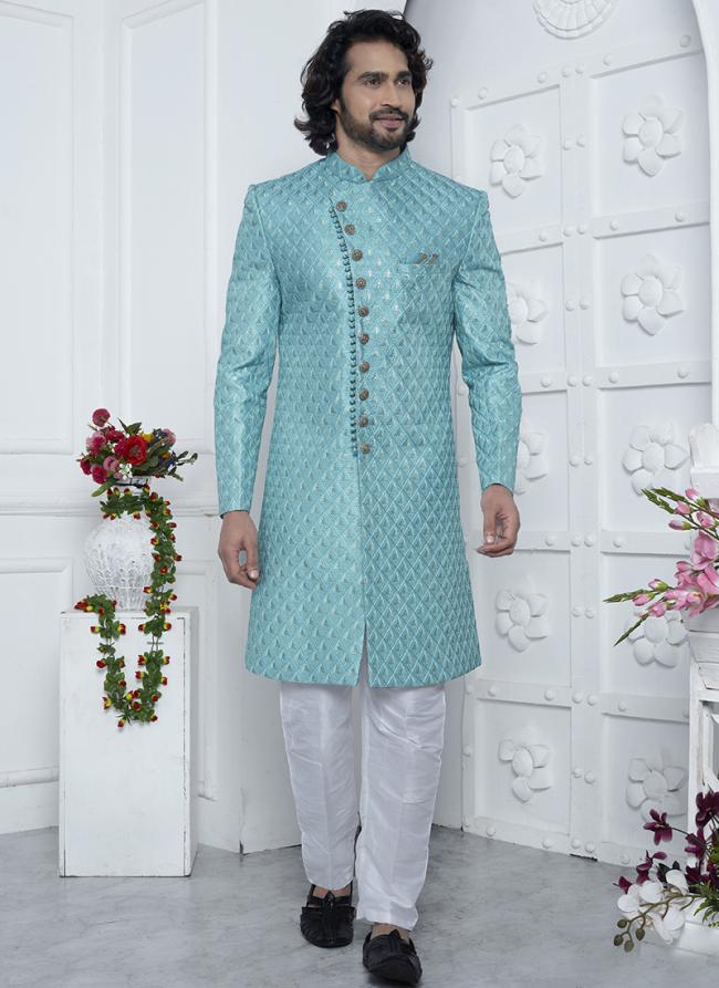 Art Silk Sky Blue Wedding Wear Computer Thread Work Mens Sherwani