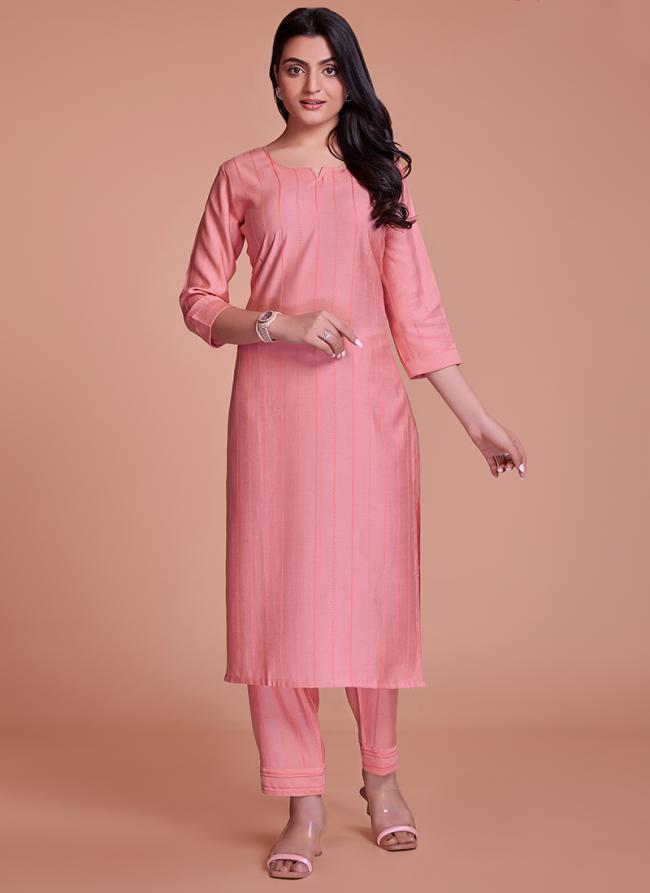 Viscose Baby Pink Casual Wear Embroidery Work Kurti With Pant