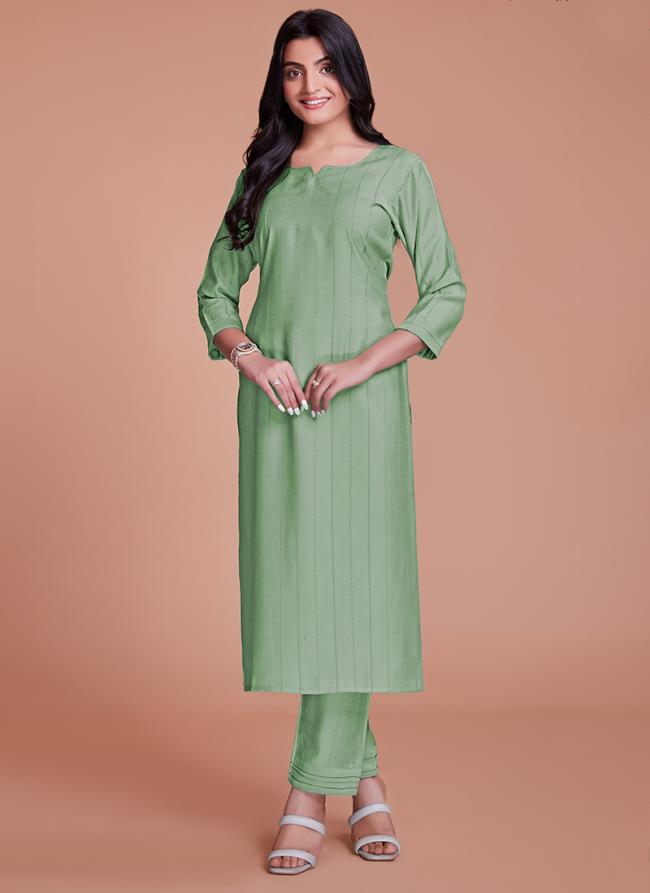 Viscose Light Pista Green Casual Wear Embroidery Work Kurti With Pant