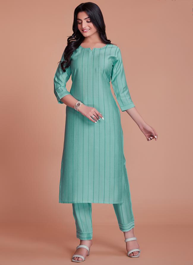 Viscose Sky Blue Casual Wear Embroidery Work Kurti With Pant