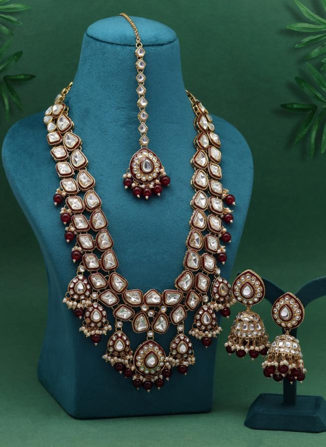   Bridal Wear  Maroon Color Meena Work Kundan Necklace Set 