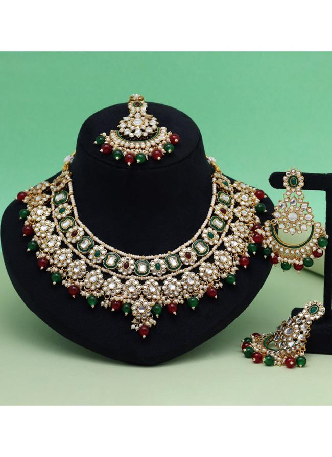   Bridal Wear  Maroon & Green Color Meena Work Kundan Necklace Set 