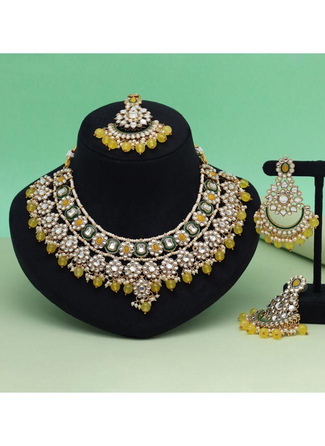   Bridal Wear  Yellow Color Meena Work Kundan Necklace Set 