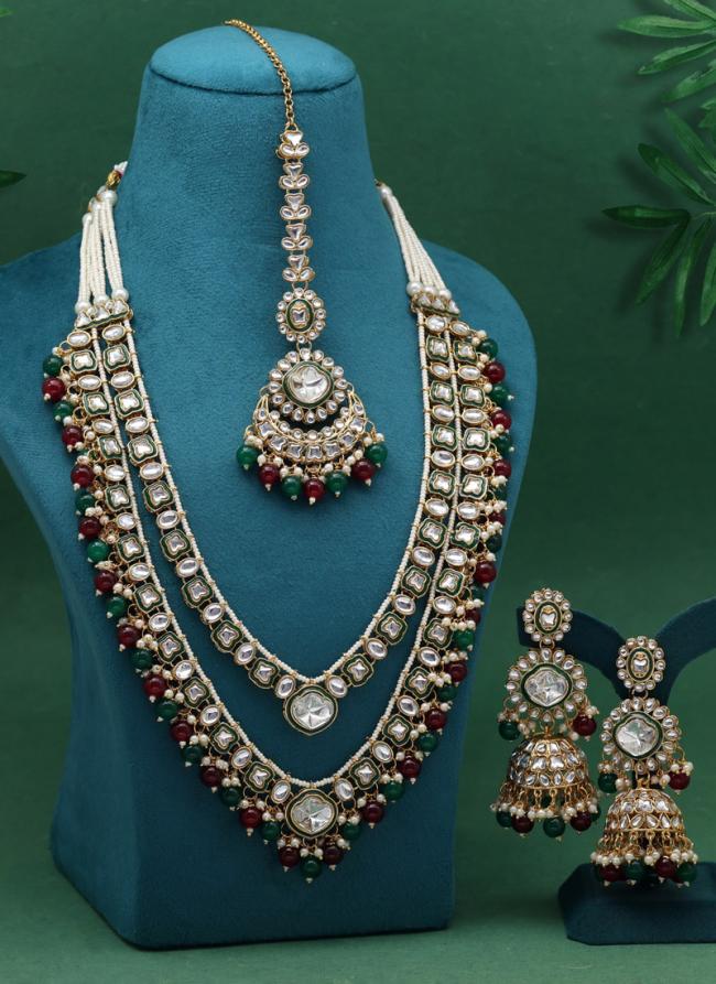   Bridal Wear  Maroon & Green Color Meena Work Kundan Necklace Set 