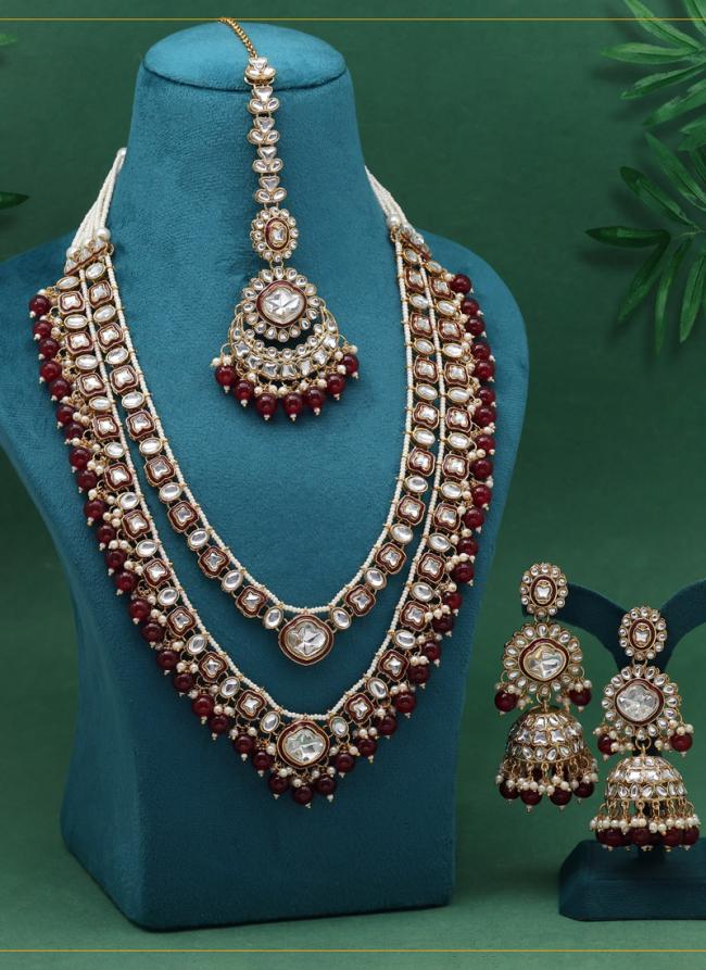   Bridal Wear  Maroon Color Meena Work Kundan Necklace Set 