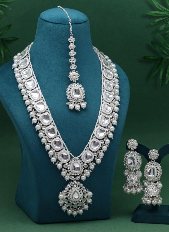   Bridal Wear  White Color Long Kundan Necklace Set 