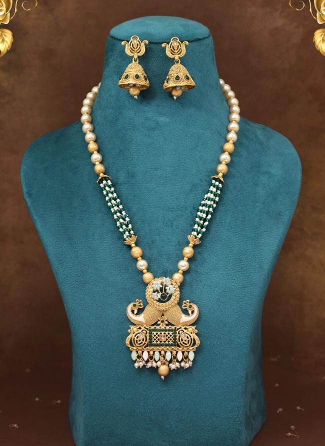   Traditional Wear  Green Color Matte Gold Rajwadi Temple Necklace Set 