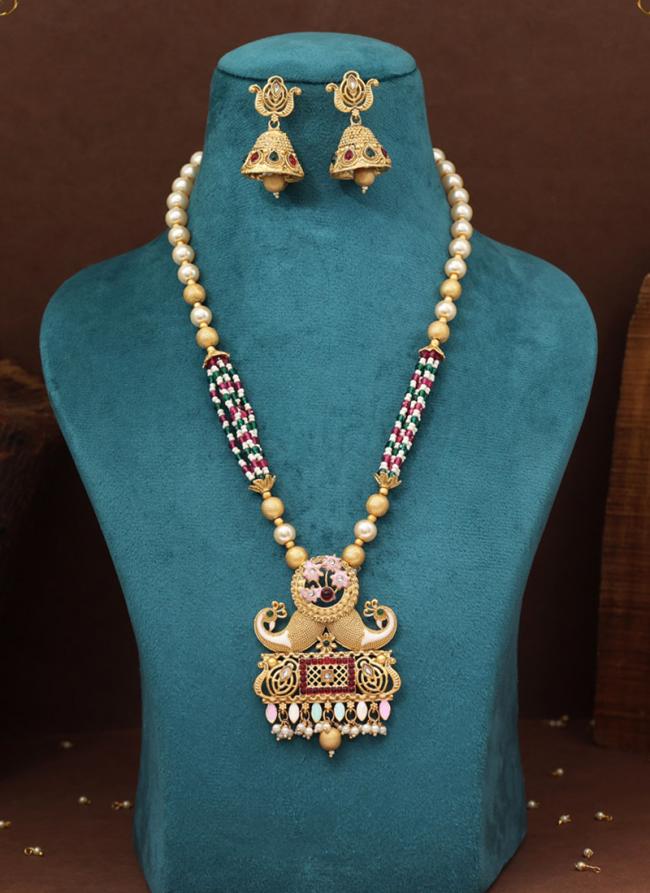   Traditional Wear  Rani & Green Color Matte Gold Rajwadi Temple Necklace Set 