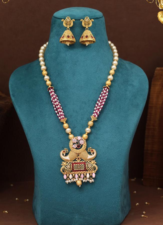   Traditional Wear  Rani Color Matte Gold Rajwadi Temple Necklace Set 