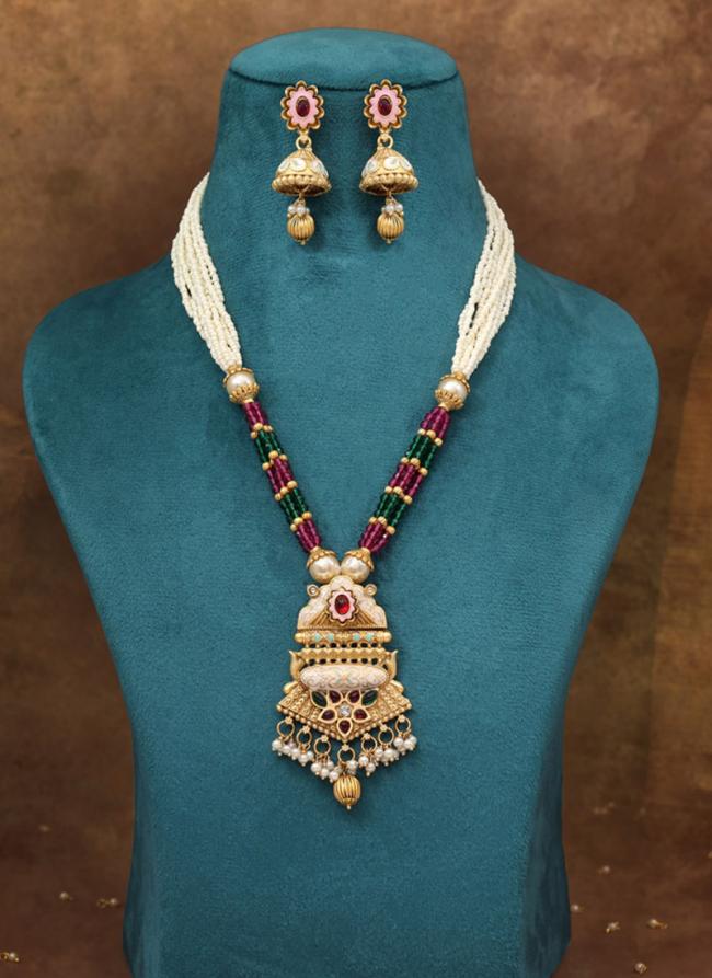   Festival Wear  Rani & Green Color Meena Work Matte Gold Rajwadi Temple Necklace Set 