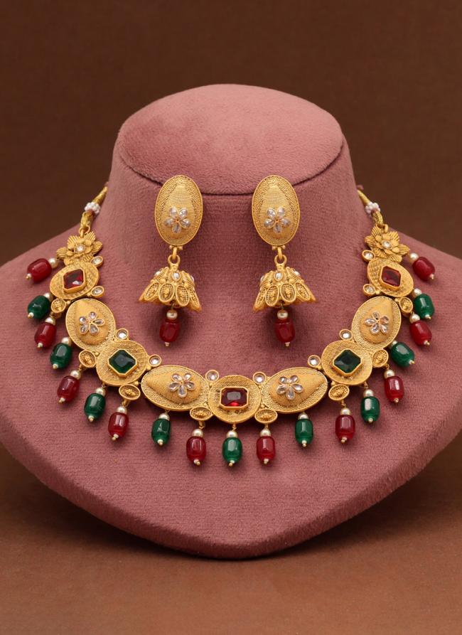   Bridal Wear  Maroon & Green Color Matte Gold Rajwadi Temple Necklace Set 