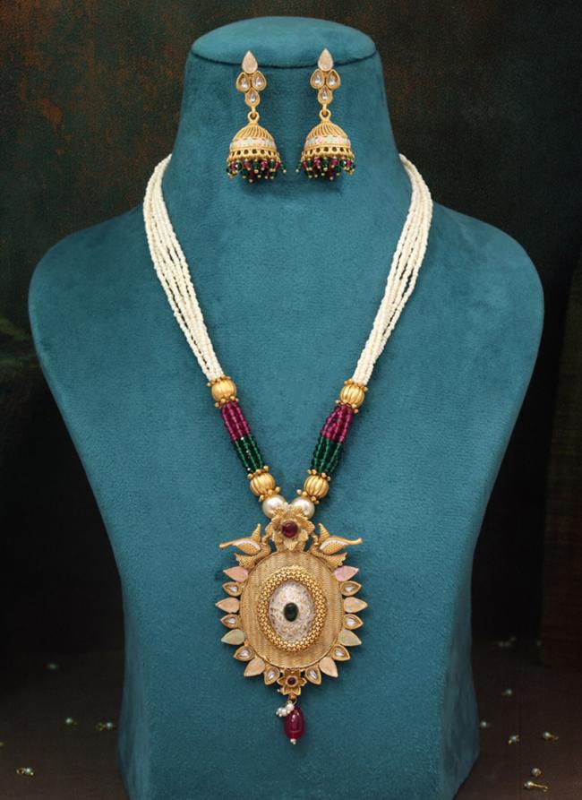   Festival Wear  Rani & Green Color Matte Gold Rajwadi Temple Necklace Set 