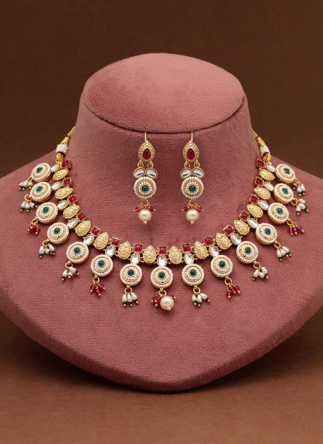   Wedding Wear  Rani & Green Color Matte Gold Rajwadi Temple Necklace Set 