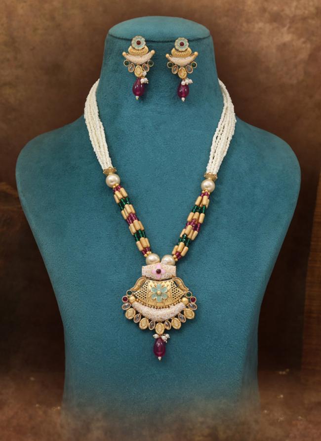   Traditional Wear  Rani & Green Color Meena Work Matte Gold Rajwadi Temple Necklace Set 