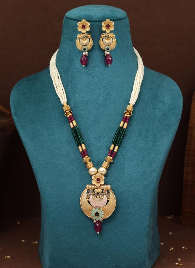   Traditional Wear  Rani & Green Color Meena Work Matte Gold Rajwadi Temple Necklace Set 