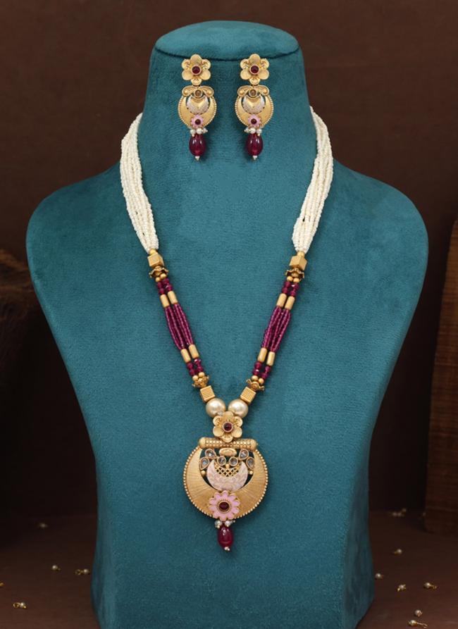   Traditional Wear  Rani Color Meena Work Matte Gold Rajwadi Temple Necklace Set 