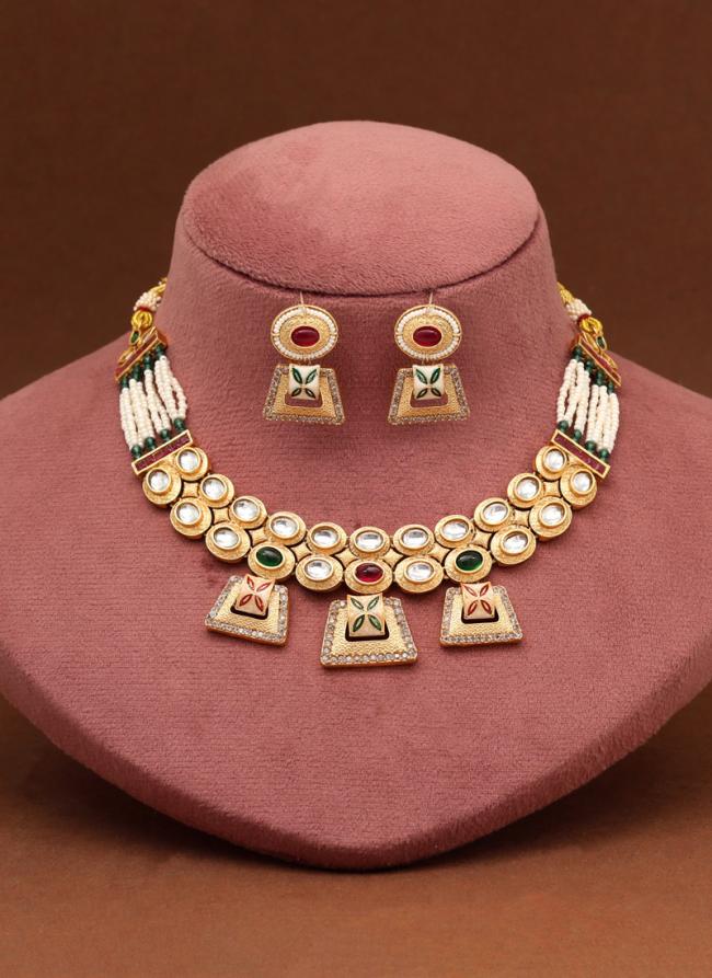   Bridal Wear  Rani & Green Color Matte Gold Rajwadi Temple Necklace Set 