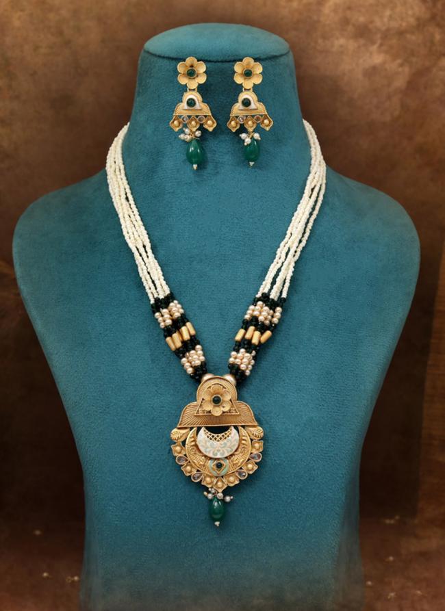   Festival Wear  Green Color Meena Work Matte Gold Rajwadi Temple Necklace Set 