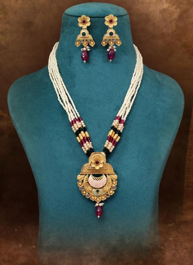   Festival Wear  Rani & Green Color Meena Work Matte Gold Rajwadi Temple Necklace Set 