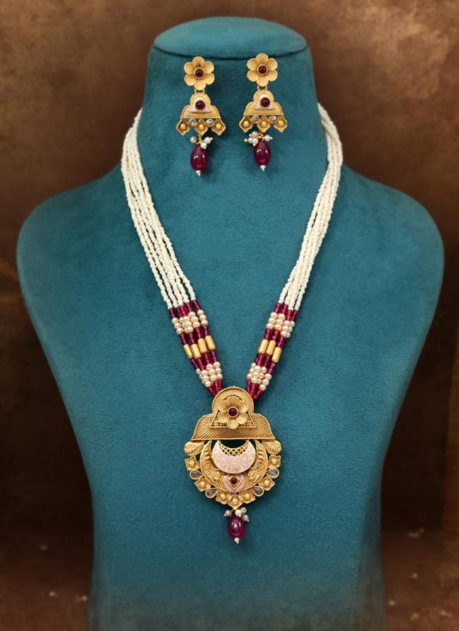   Festival Wear  Rani Color Meena Work Matte Gold Rajwadi Temple Necklace Set 