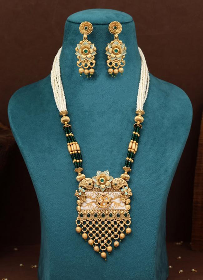   Festival Wear  Green Color Matte Gold Rajwadi Temple Necklace Set 