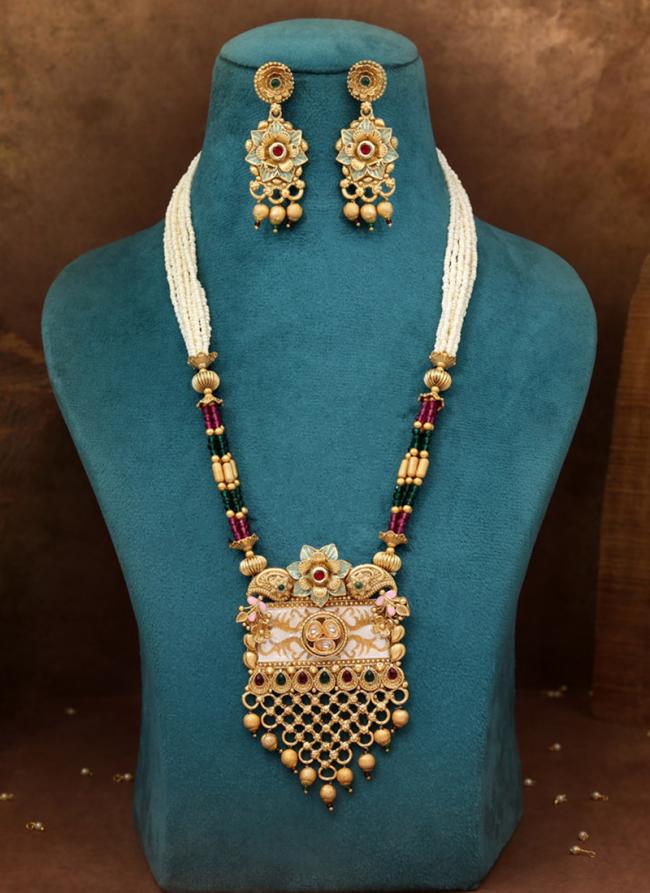   Festival Wear  Rani & Green Color Matte Gold Rajwadi Temple Necklace Set 