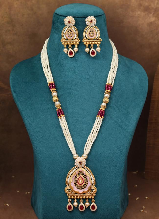   Traditional Wear  Rani Color Meena Work Matte Gold Rajwadi Temple Necklace Set 