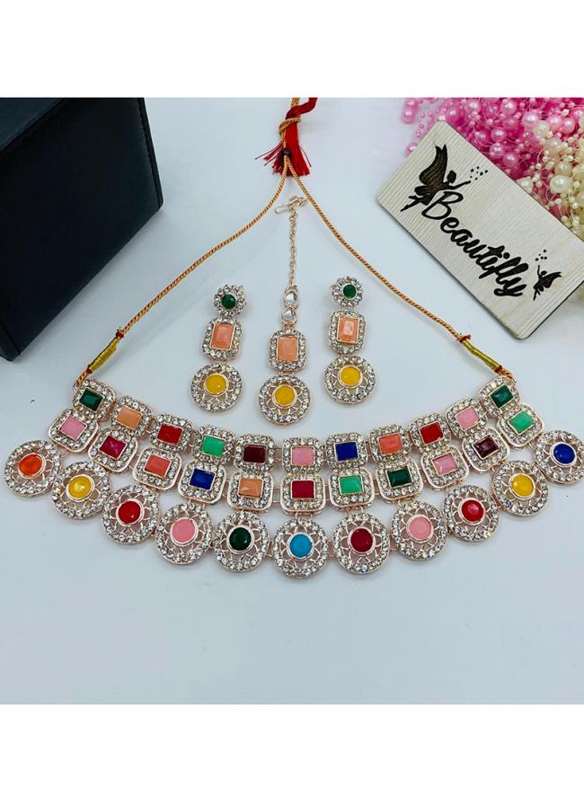   Party Wear  Multi Color Gold Plated Stone Studded Jewellery Set