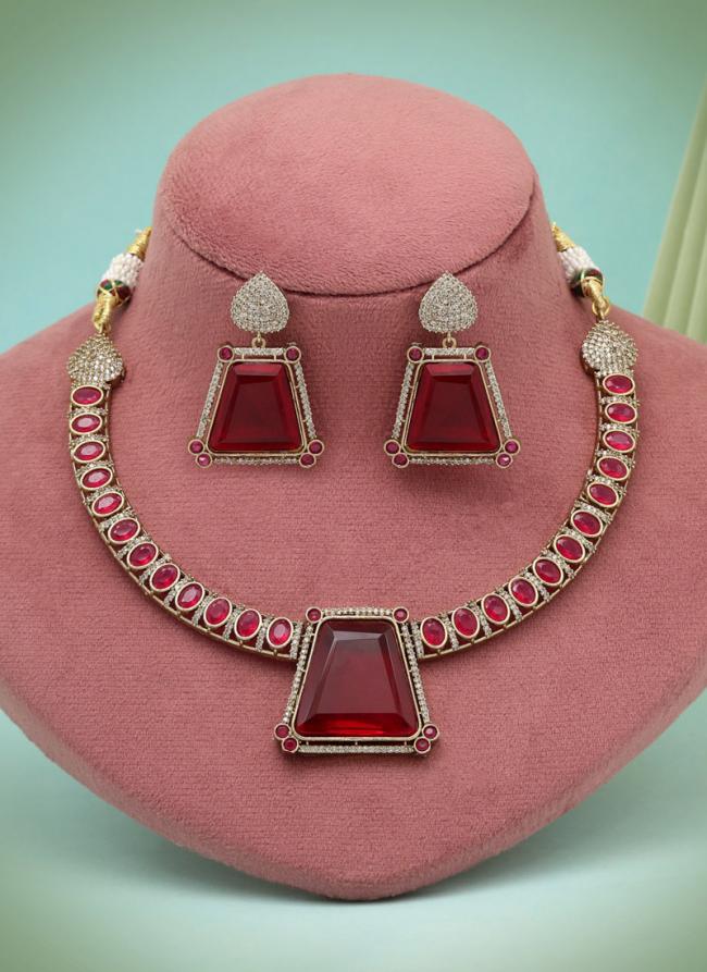   Party Wear  Maroon Color Brass Metal Necklace Set