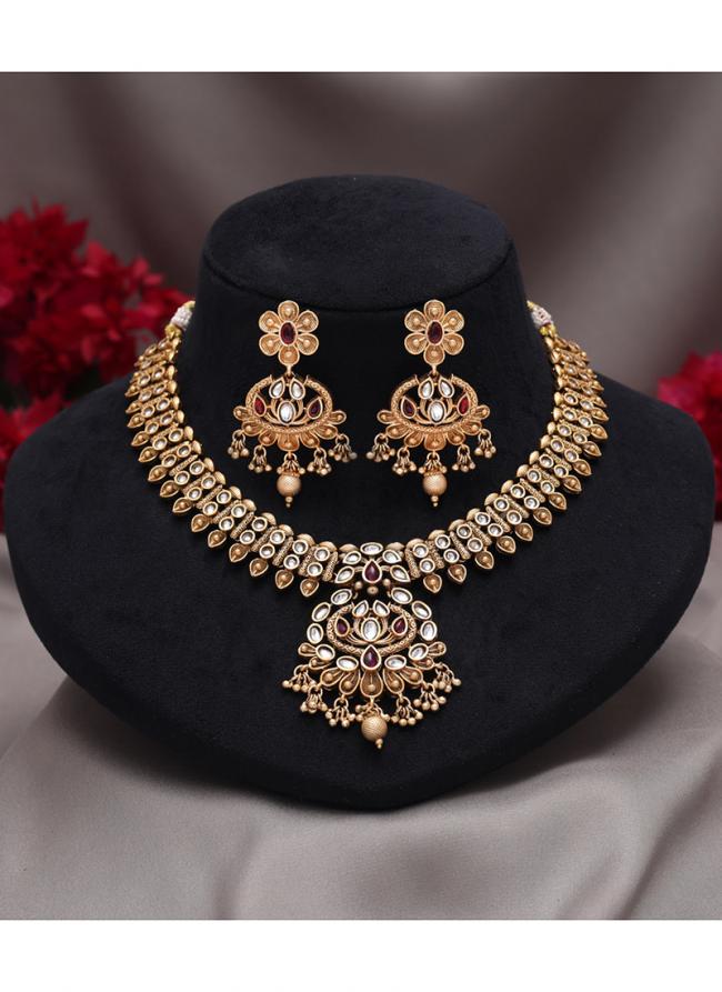   Party Wear  Rani Color Matte Gold Rajwadi Temple Necklace Set