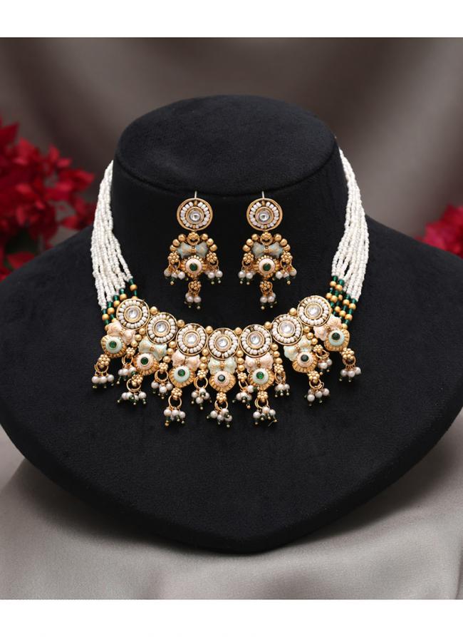   Festival Wear  White Color Meena Work Matte Gold Rajwadi Temple Necklace Set