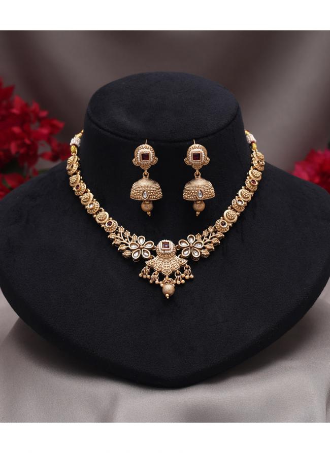   Party Wear  Rani Color Matte Gold Rajwadi Temple Necklace Set