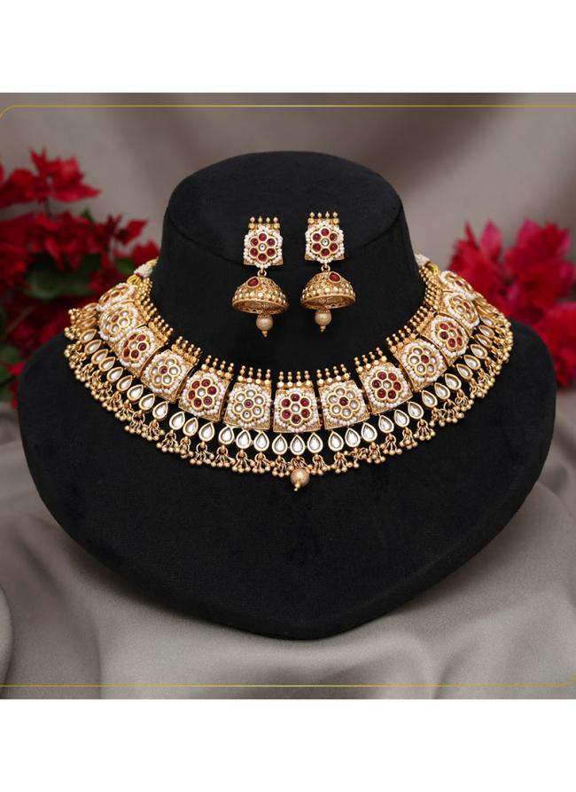   Bridal Wear  Rani Color Matte Gold Rajwadi Temple Necklace Set