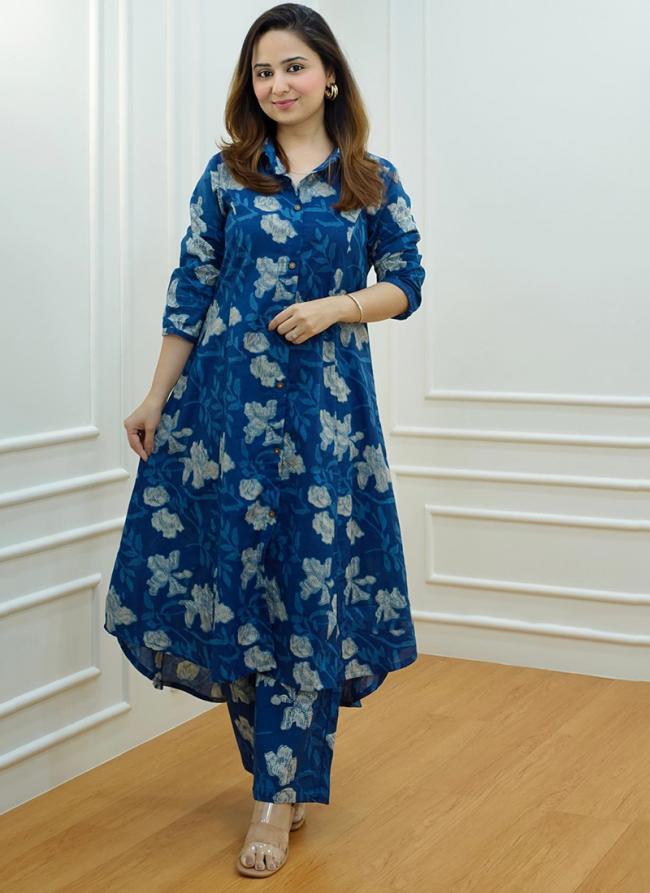 Cotton Flex Blue Festival Wear Wooden Buttons Readymade Kurti With Dhoti Pant