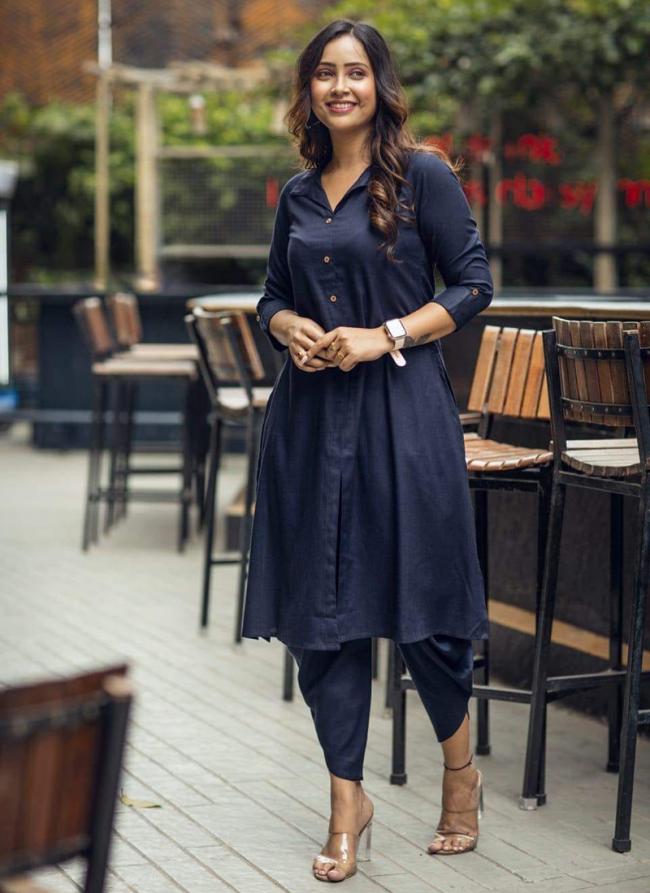 Cotton Flex Navy Blue Festival Wear Wooden Buttons Readymade Kurti With Dhoti Pant