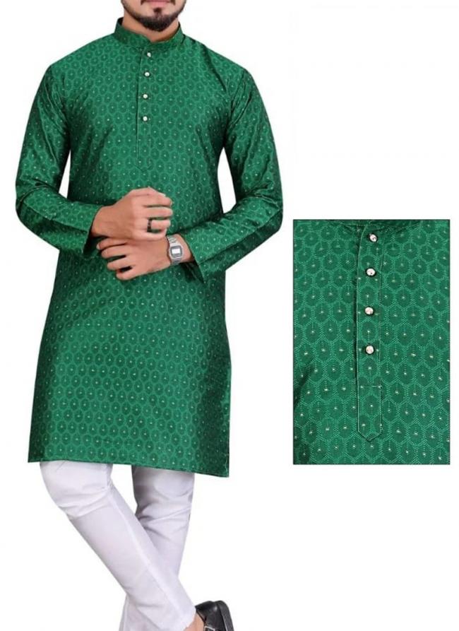 Jacquard Silk Green Festival Wear Zari Work Mens Kurta Pajama