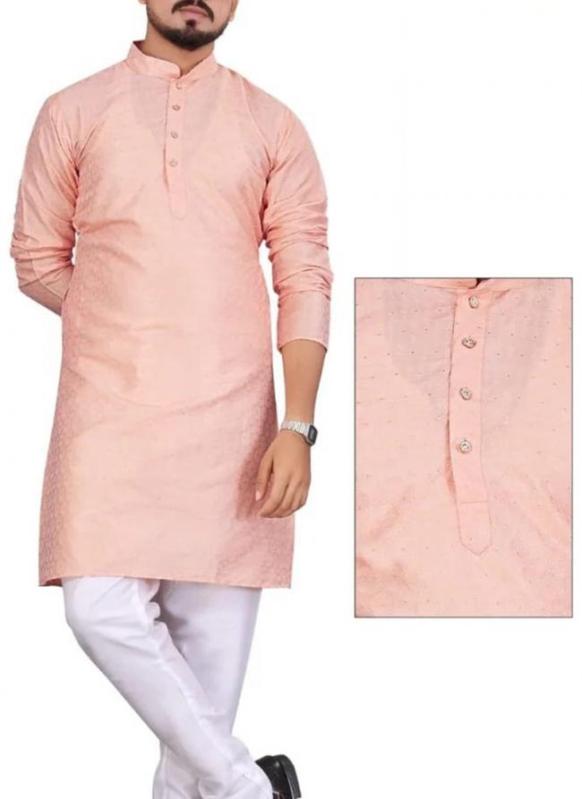 Jacquard Silk Light Pink Festival Wear Zari Work Mens Kurta Pajama