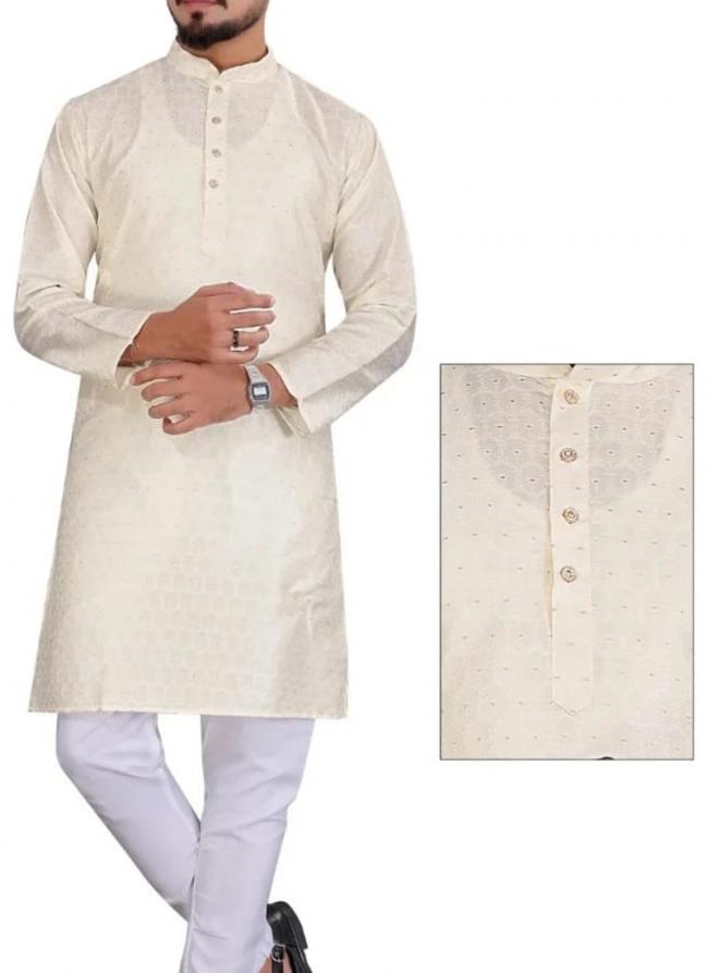 Jacquard Silk White Festival Wear Zari Work Mens Kurta Pajama