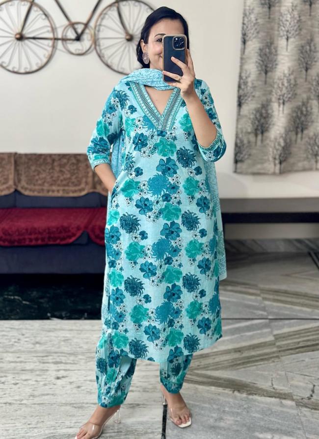 Premium Cotton Sky Blue Festival Wear Digital Printed Readymade Kurti With Pant And Dupatta