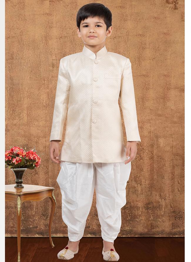 Jacquard Silk Cream Wedding Wear Weaving Readymade Kids Indo Western