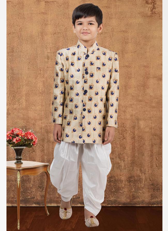 Jacquard Silk Cream Wedding Wear Weaving Readymade Kids Indo Western