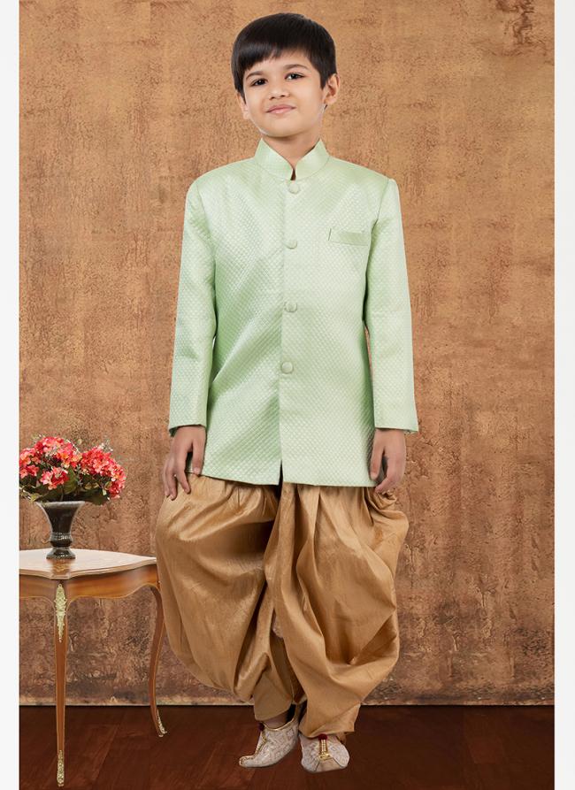 Jacquard Silk Lime Green Wedding Wear Weaving Readymade Kids Indo Western