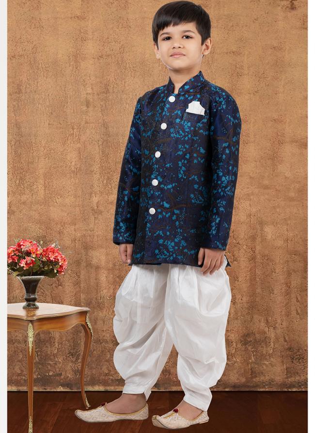 Jacquard Silk Navy Blue Wedding Wear Weaving Readymade Kids Indo Western