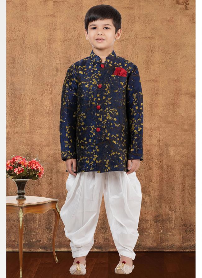 Jacquard Silk Navy Blue Wedding Wear Weaving Readymade Kids Indo Western