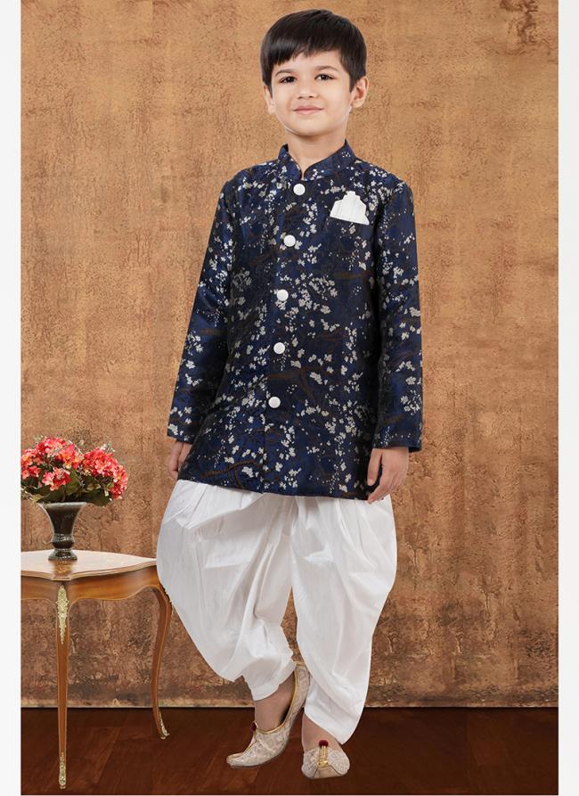 Jacquard Silk Navy Blue Wedding Wear Weaving Readymade Kids Indo Western