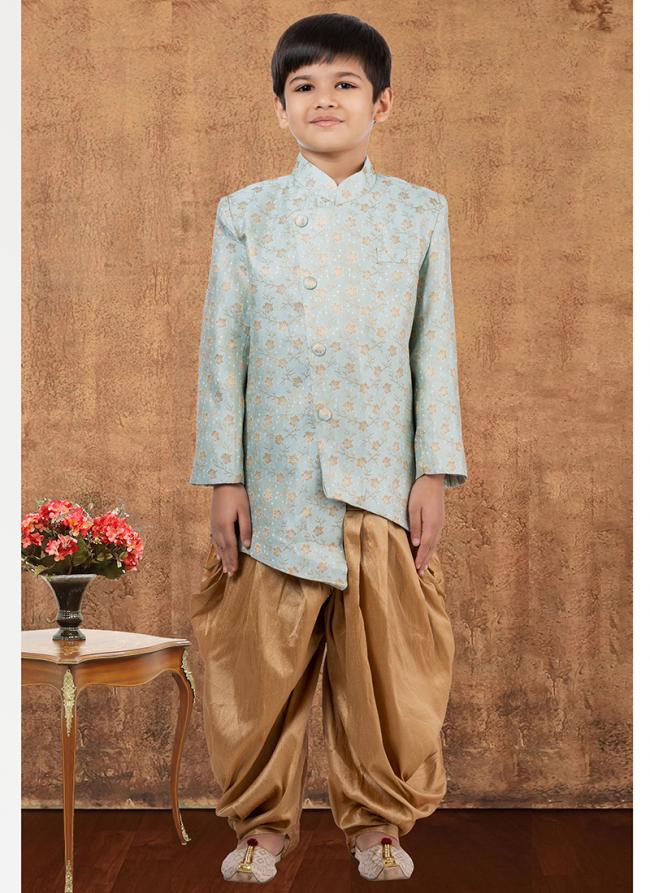 Jacquard Silk Sea Blue Wedding Wear Weaving Readymade Kids Indo Western