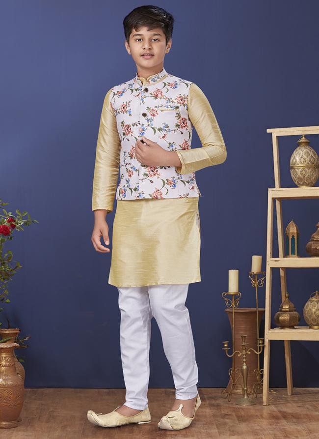 Dhupion Silk Light Yellow Wedding Wear Digital Printed Readymade Kids Indo Western